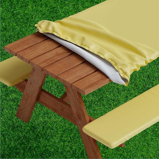 Sorfey Picnic Table Cover with Bench Covers -Fitted with Elastic, Vinyl with Flannel Back, Fits for Table 30"x 72" Rectangle,Water Proof, Solid Yellow Design