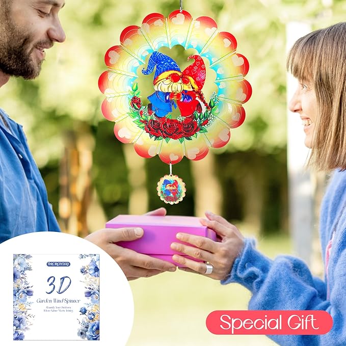 Gnome Wind Spinners Garden Yard Decor Gift for Women Men, 12 Inch Outdoor Metal 3D Wind Spinner, Stainless Steel Hanging Wind Catchers Kinetic Sculpture for Outside Decoration