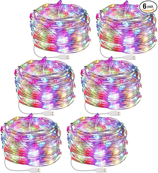 Macarrie 6 Pcs USB String Lights 33 ft 100 LED Fairy Lights Powered String for Christmas Indoor Outdoor Wedding Party Tree Home Festival Garden Decoration (Colorful)