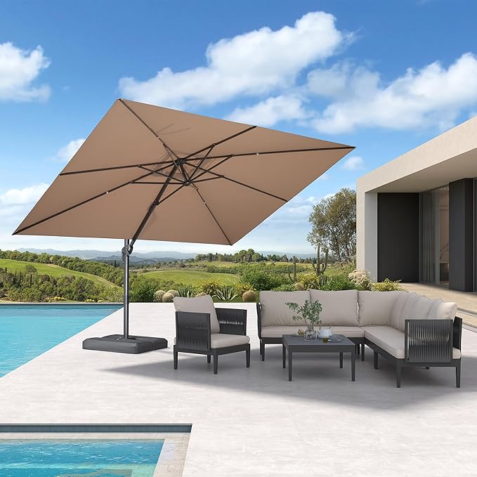 PURPLE LEAF 9' X 11.5' Rectangle Patio Umbrella Outdoor Large Aluminum Cantilever Umbrella with 3-Year Fade Resistance Recycled Fabric and 360-degree Rotation for Deck Pool Garden, Sand Dune