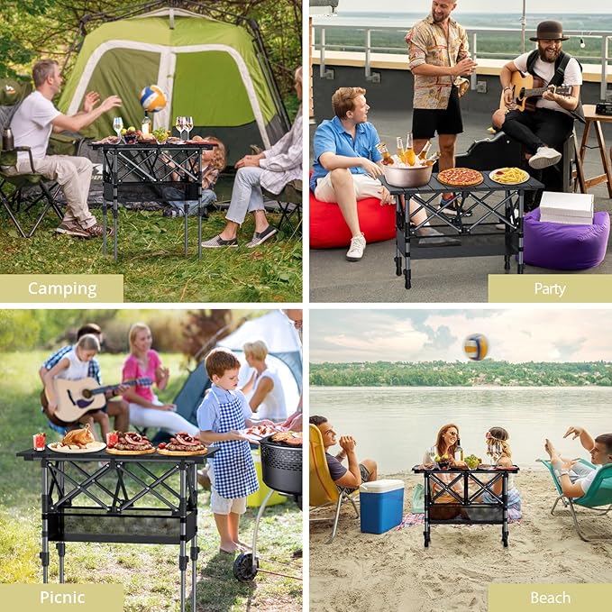 Folding Camping Table, Aluminum Roll Up Camping Table Adjustable Height with Storage Net and Bag, Lightweight Outdoor Table 25” X 16”, for Outdoor Travel BBQ Party Picnic, Black