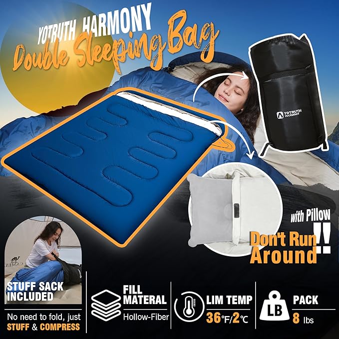 Double Sleeping Bag with Pillow for Adults - Queen Size Two Person Sleeping Bag - 3 Season Cold Weather Camping Sleeping Bag