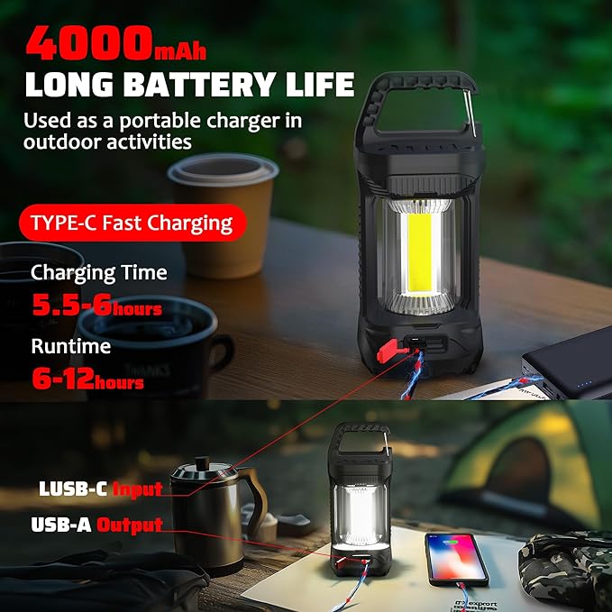 2 Pack Camping Lantern Rechargeable, 2000LM Rechargeable Lantern with 4400mAh Battery, Waterproof LED Camping Light, Portable Lanterns for Power Outages, Hurricane and Outdoor Use