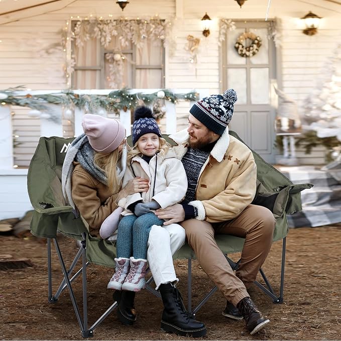 Double Camping Chairs Padded Loveseat Chair for 2 Person - Heavy Duty Oversized Camping Couch for Adults Outdoor Lawn Beach - Portable Folding Sofa with Cup Holders and Carry Bag, Green