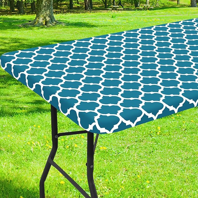Smiry Rectangle Picnic Table Cover, Waterproof Elastic Fitted Camping Tablecloths for 6 Foot Tables, Wipeable Flannel Backed Vinyl Tablecloth Protector for Indoor, Outdoor (Turquoise, 36x72 Inches)