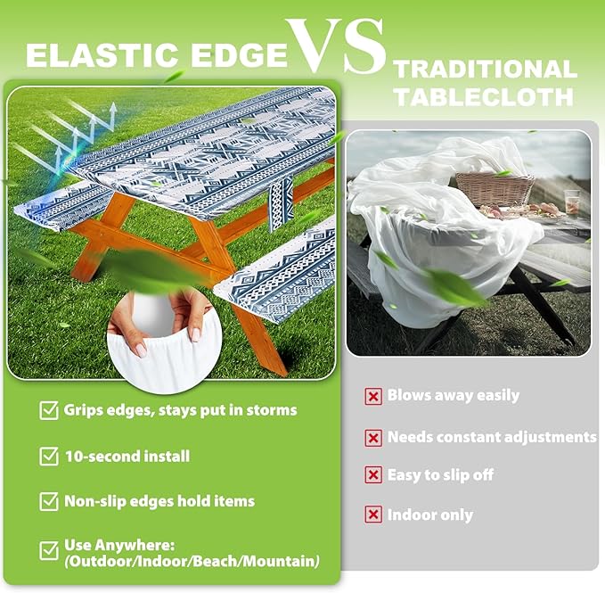 Fitted Picnic Table Cover with Bench Covers Waterproof Elastic Edges Rectangle Patio Tablecloth Outdoor Camping Essentials Stuff Rv Accessories Summer Trip Travel Camper Gifts for Woman Men, 96in 8 ft