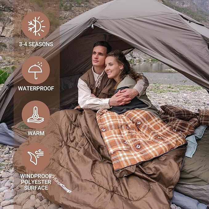 KingCamp Double Sleeping Bag for Adults, Queen Size 2 Person XXL Flannel Sleeping Bag, Waterproof Lightweight Flannel Quilt with 2 Pillows, Perfect for Couples Family Camping Hiking