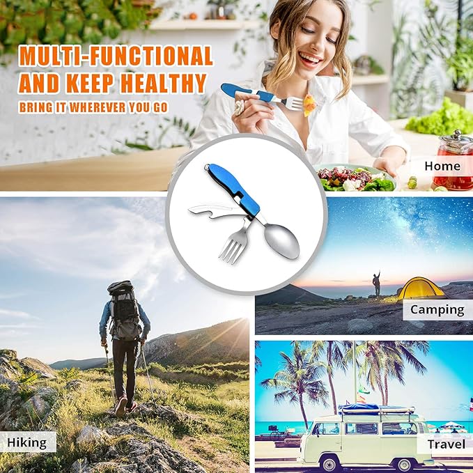 Camping Silverware Set HIKENTURE 4-In-1 Stainless Steel Hobo Knife Fork Spoon Bottle Opener with Storage Case (Blue)