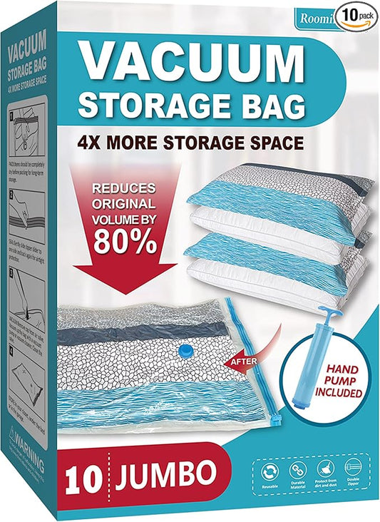 Vacuum Storage Bags, 10 Jumbo Space Saver Bags with Pump, Space Bags, Vacuum Sealer Bags for Clothes, Comforters, Blankets, Bedding