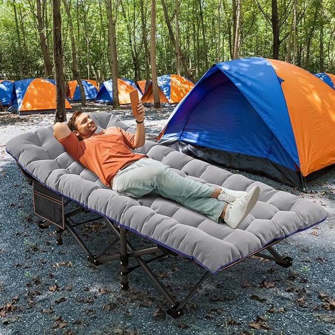 ABORON Oversized XXL Folding Camping Cot W/Mat for Adults, 78" L x 32" W x 18" H, Heavy Duty Outdoor Bed with Carry Bag,1200 D Layer Oxford Travel Camp Cots