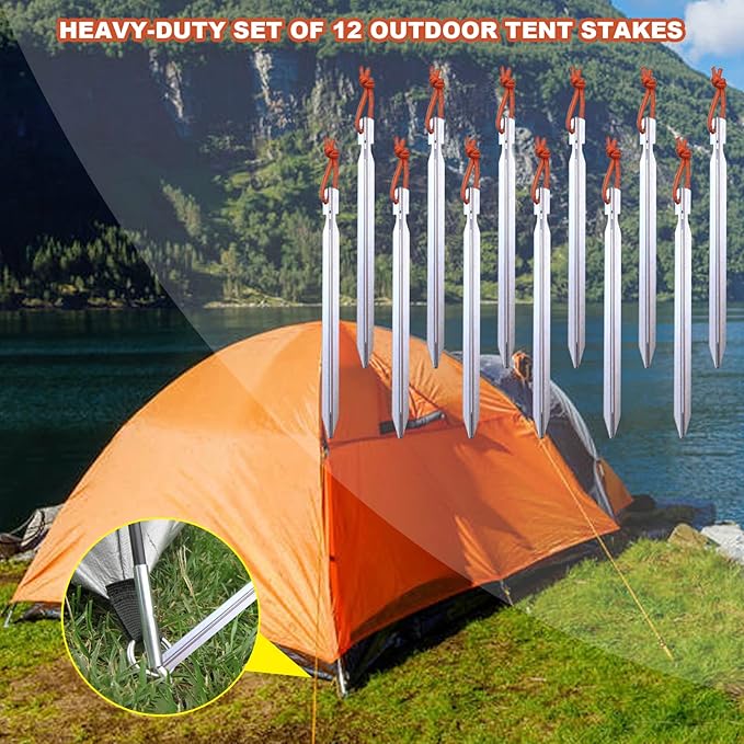 12 Pack Tent Stakes, 7075 Ground Metal Camping Aluminum Tent Pegs, Lightweight Tent Stakes Heavy Duty Spikes Camping Accessories