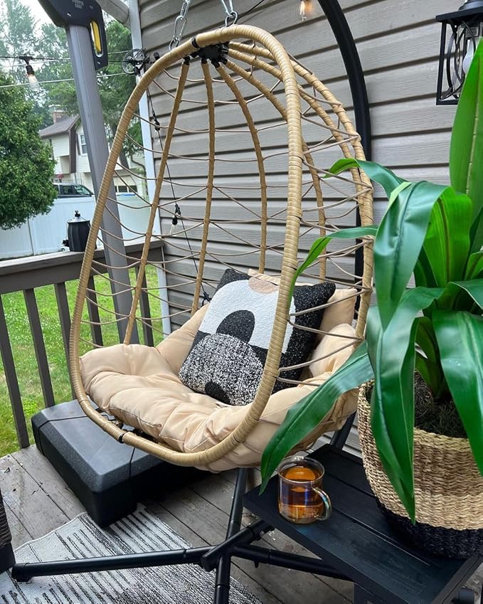 YITAHOME Hanging Egg Chair with Stand Swing Chair Wicker Indoor Outdoor Hammock Egg with Cushions 330lbs for Patio, Bedroom, Garden and Balcony, Single, Beige