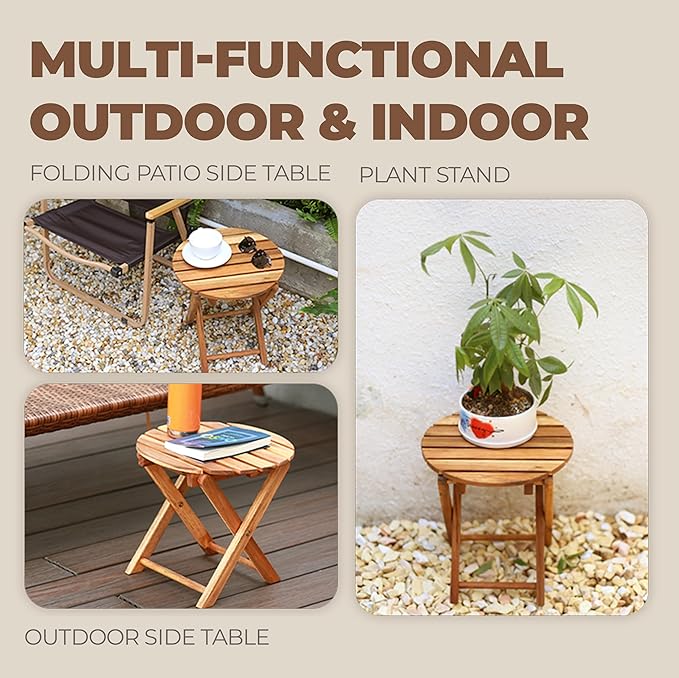 2PCs Folding Side Tables, Waterproof Patio Foldable End Table, Portable Side Table for Indoor and Outdoor Garden, Porch, Balcony, Camping, Fishing, Natural Color, Small Size 13 inch Height