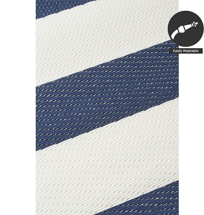 FH Home Outdoor Rug - Waterproof, Fade Resistant, Reversible - Premium Recycled Plastic - Striped - Large Patio, Deck, Sunroom, Camping, RV - Brittany Stripe - Blue & White Crease Free - 6 x 9 ft