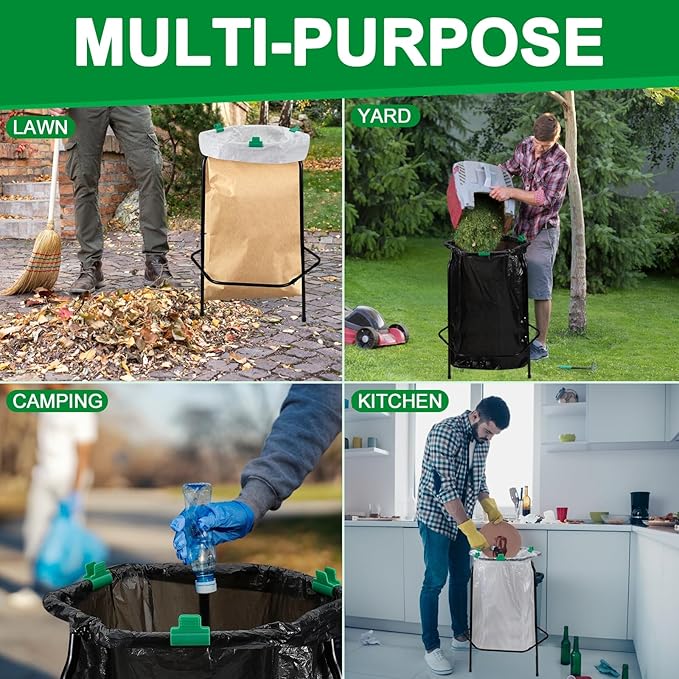 Aobiono Trash Leaf Bag Holder Stand, Garbage Bag Support Frame for 30-55 Gallon Lawn Bags, for Yard Kitchen Garden Outdoor Camping Waste, with Reusable Bag Clips, Heavy Duty (Black)