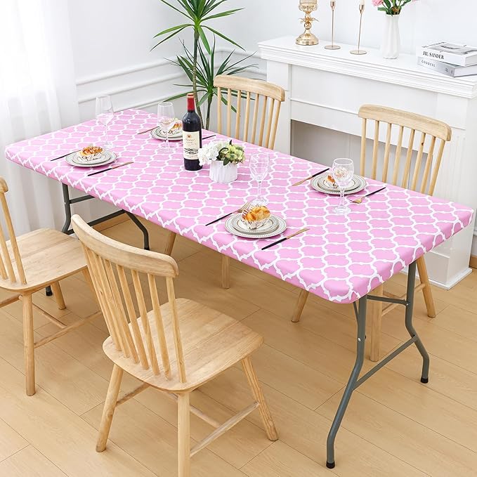 Smiry Rectangle Picnic Table Cover, Waterproof Elastic Fitted Camping Tablecloths for 4 Foot Tables, Wipeable Flannel Backed Vinyl Tablecloth Protector for Indoor, Outdoor (Pink, 24x48 Inches)