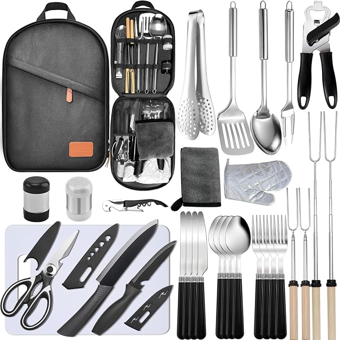 Camping Cooking Utensils Set - Camping Utensil Set Car Camping Cooking Essentials Gear for Camp Kitchen Cooking and Grilling, Stainless Steel & Silicone Ideal Gift for RV Tent Camper