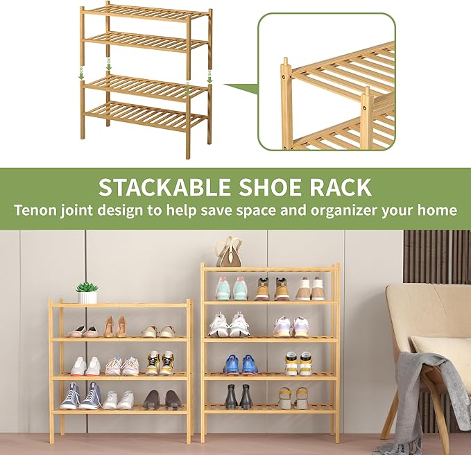 4 Tier Bamboo Shoe Rack for Closet Free Standing Wood Shoe Shelf for Entryway Small Space Stackable 27"x11"x26" (Natural)