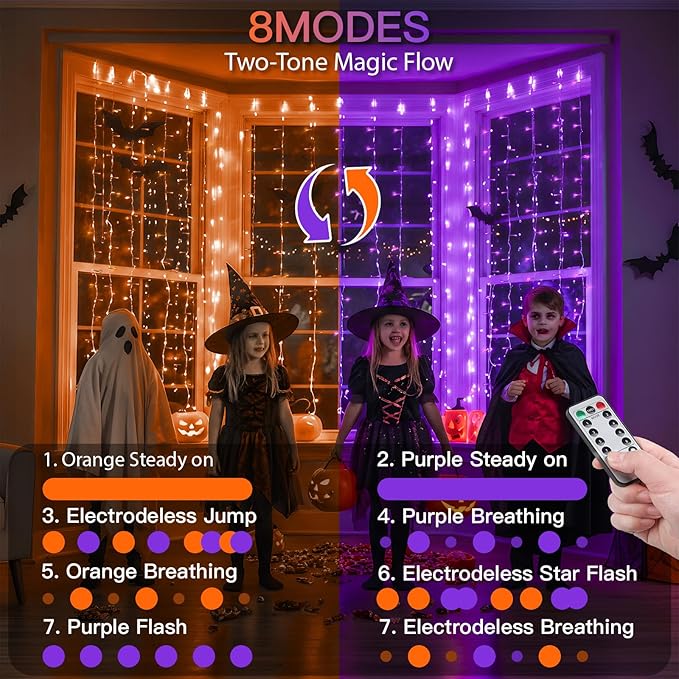 suddus Color Changing Curtain Lights for Halloween, 200 LED 6.5ft x 6.5ft Hanging String Lights with USB, Curtain Fairy Lights Indoor for Bedroom Wall, Party, Porch, Holiday, Purple and Orange