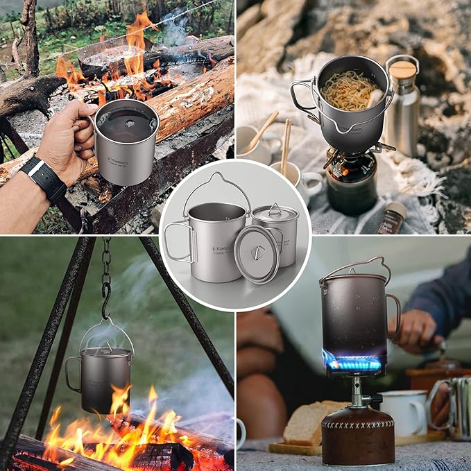 TOMSHOO Titanium Pot with Lid - Camping Mug with Foldable Handle for Hiking, Travelling, Backpacking