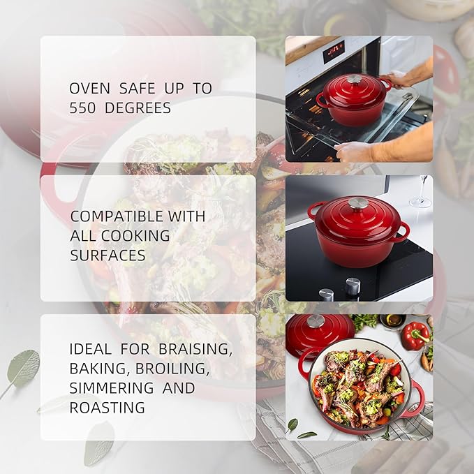 4.5 Quart Dutch Oven Enameled Cast Iron with Lid - Big Dual Handles - Oven Safe up to 500°F - Classic Round Pot for Versatile Cooking Red