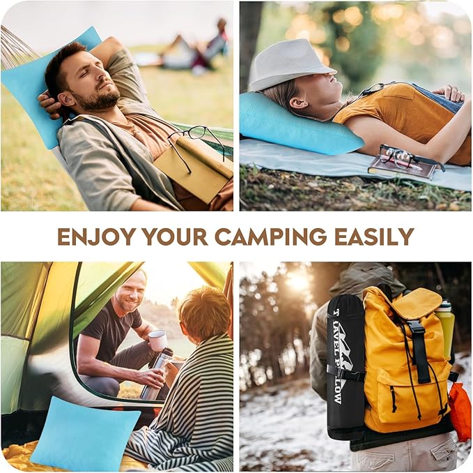 Small Shredded Memory Foam Pillow, Camping Pillow Travel Pillow - Compressible Medium Firm, Breathable Cover, Ideal Backpacking Hiking, Airplane and Car (Sky Blue, L)