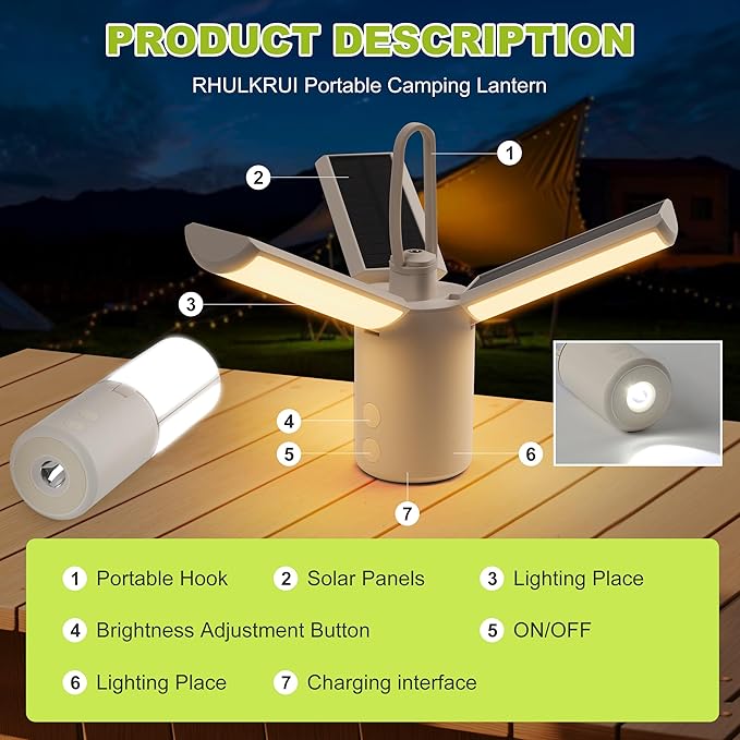 Solar Camping Lantern 8000mAh–Rechargeable,Foldable Camping Light,Stepless Dimming,Flashlight & SOS Modes,USB Charging,Waterproof & Portable Handle,Ideal for Camping,Emergency,Travel,Outdoor,Home Use