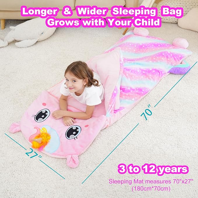 Kid Sleeping Bag with Pillow - Larger Toddler Nap Mat - Plush Slumber Bag for Boys Girls Daycare Preschool Kindergarten Birthday Gift Travel Sleepover Ages 3-12 Years
