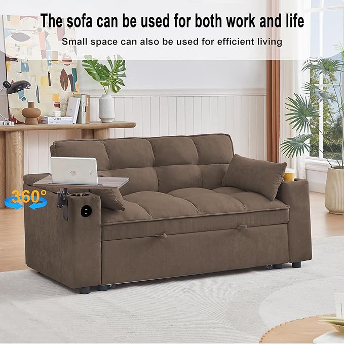 65'' 3-in-1 Folding Convertible Sofa Bed, Pullout Sofa, Modern Chenille Fabric, 360° Swivel Side Table, Easy Assembly, Perfect for Living Room(ZY-1107A-Brown)