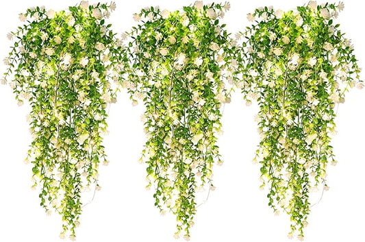 RECUTMS 3 Pcs Hanging Fake Plants Fake Vines Artificial Plants Large Faux Hanging Plant with 30 LED String Light, Artificial Hanging Plants Wall Indoor Outdoor Decorations(White)