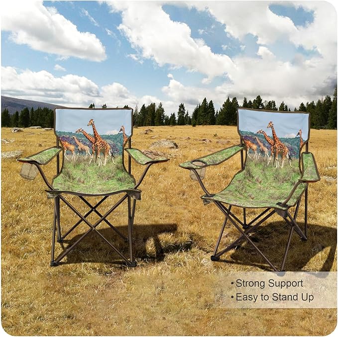 2 Pcs Animal Pattern Camping Chair,Folding Backpacking Lightweight Beach Chair w/Cup Holder,Mesh Side Pocket,Carry Bag,Portable Lawn Chair for Adults Family Outdoor Parties,Hiking,Giraffes