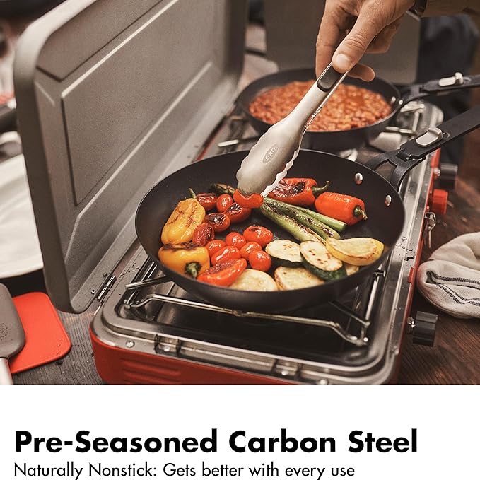 OXO Outdoor 8 Piece Camping Cookware Set, 10" Pre-Seasoned Carbon Steel Frying Pan Skillet, 2.25QT and 5QT Stainless Steel Saucepans with Lids, Removeable Handle, Trivet, Travel Bag, Space-Saving