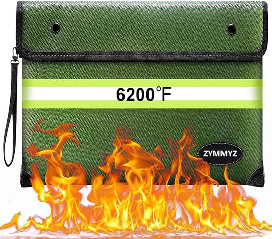 Fireproof Document Bag with Water Resistant Zipper,6200°F Heat Insulated Fire Proof Pouch with Soft Leather Hand Strap,Fire and Waterproof Envelope for Cash,Documents,Jewelry