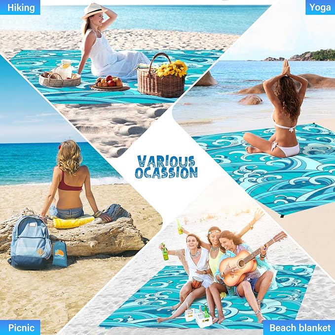 Beach Blanket Waterproof Sandproof 1-7 Adult Oversized 78 '' × 81 '' Lightweight Durable Compact Sand Free Beach Mat for Travel Camping Hiking Picnic Blanket Extra Large