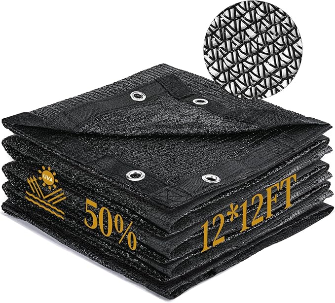 Garden 50% Shade Cloth, 12 x 12 FT Sun Shade Mesh Tarp with Reinforced Grommets, Durable HDPE Material Outdoor Shade Cloth for Plants, Greenhouse, Pergola and Backyard Patio Sunshade