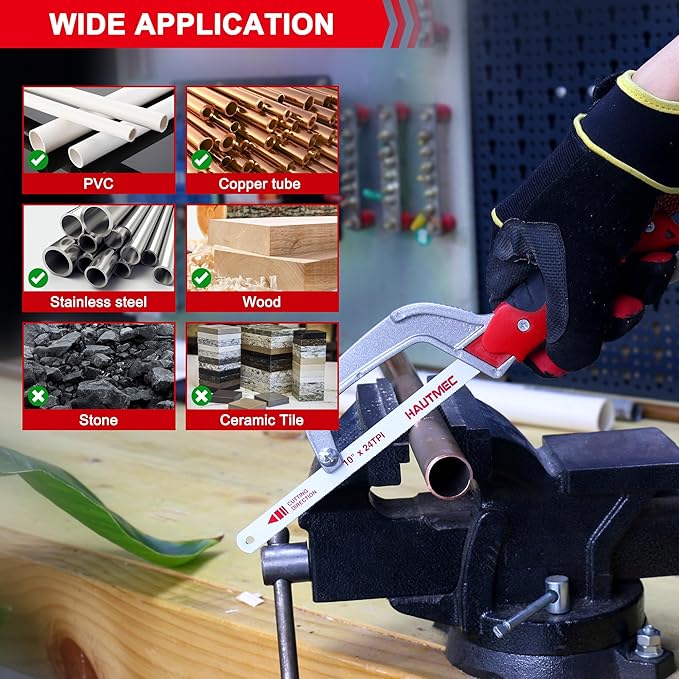 HAUTMEC Mini Hacksaw Small Hand Saw for Wood Metal Plastics Cutting Professional Hack Saw With 1 Pcs Bimetal Hss Blade, Especially Cuts In Tight Hard-Reach Spaces HT0035-PL