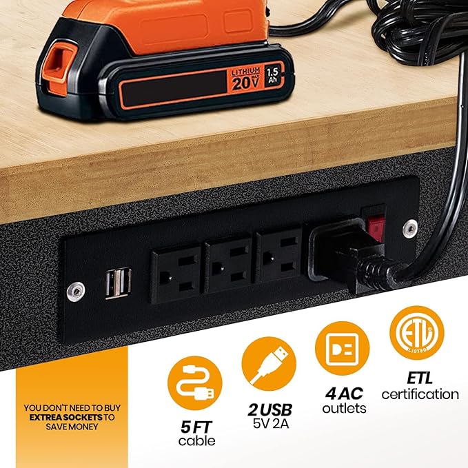 48" Adjustable Work Bench, Rubber Wood Top Workbench Heavy-Duty Work Table with Power Outlet,workbenches Wheels, 2000 LBS Load Capacity Hardwood Work Benches for Garage, Workshop, Home, Office