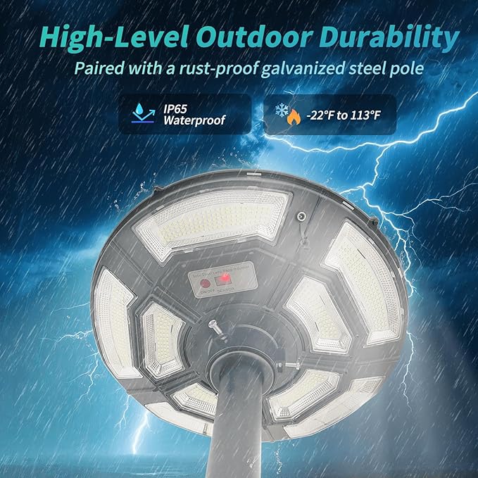 Outdoor Lamp Post Light with Motion Sensor, Solar Powered, IP65 Waterproof, Dusk to Dawn, 750-LED Pole Light Fixture with Remote and DC Port for Indoor Outdoor Lighting(Includes Plug)