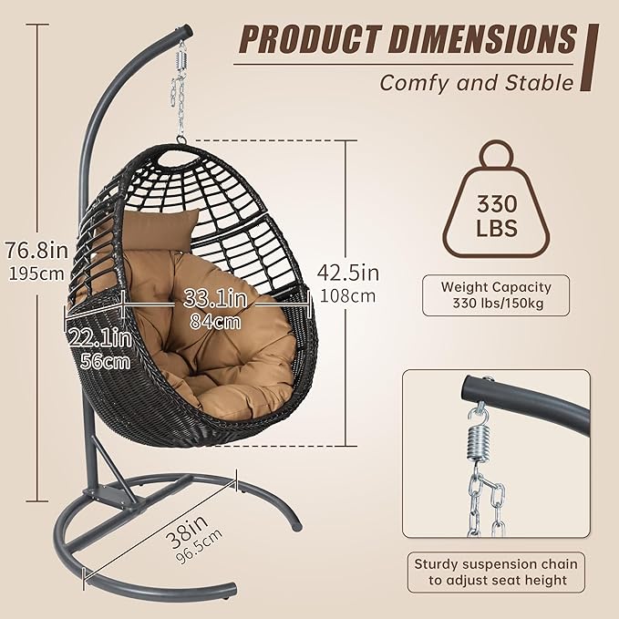 Egg Swing Hanging Chair with Stand, Outdoor Rattan Egg Hammock Chair with Cushion Pillow for Indoor Bedroom Patio Garden for 330lbs/150kg - Dark Brown