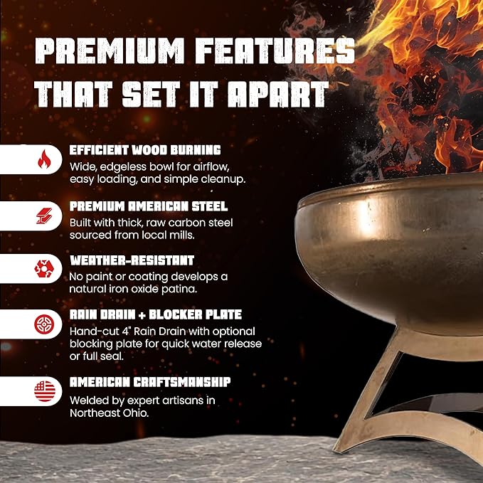 Liberty Fire Pit – Ohio Flame Wood Burning Outdoor Fire Pit - 36" Diameter with Hollow Base (Made in USA)
