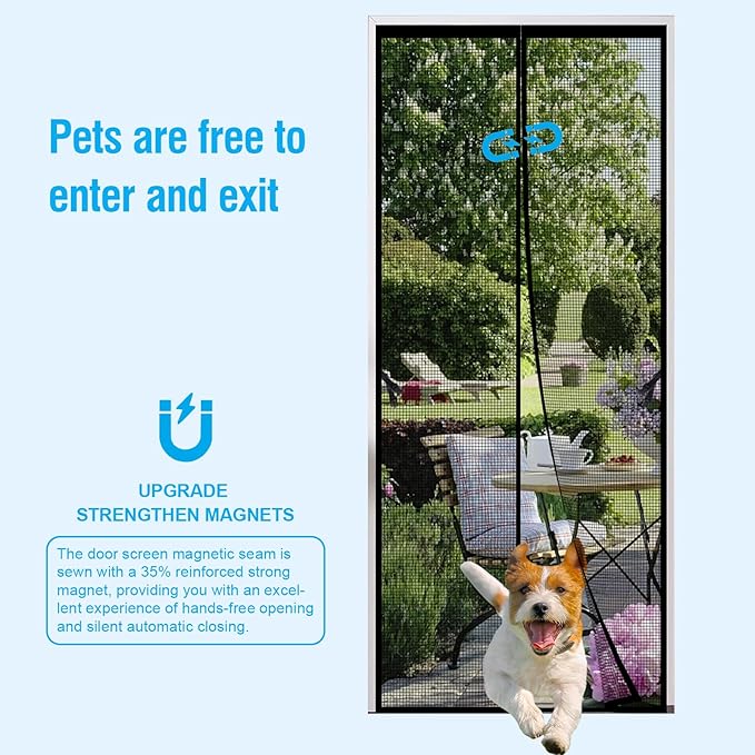 Fiberglass Magnetic Screen Door for 32''x80'' Doors, Screen Size 34"x81" Self-Sealing with Strong Magnets,Anti-Tearing Reinforced Fiberglass Mesh Keeps Bugs Out Perfect for Front,Sliding Doors