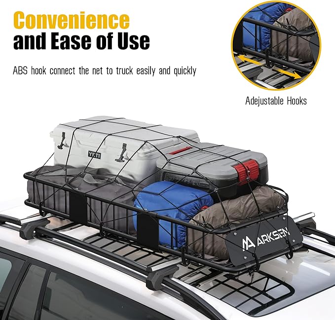 ARKSEN 57" x 21.5" Heavy Duty Tangle-Free Nylon Cargo Net (8" x 8" Mesh) - Universal Bungee Net Stretches to 80" x 40" for Pickup, Trucks, SUV, Roof Racks, and Travel Luggage Racks