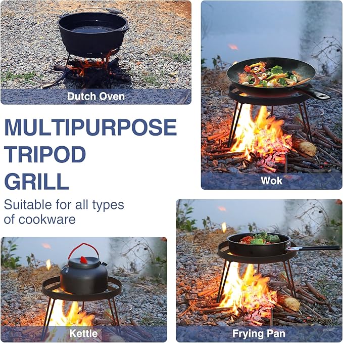 Lineslife Folding Campfire Tripod for Cooking, Portable Camping Tripod Stand for Solo Stove Bonfire Fire Pit, Dutch Oven, Open Fire, Iron Black