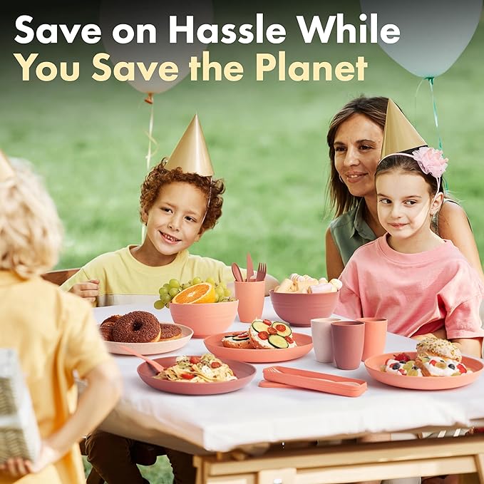 FOODLE Wheat Straw Dinnerware Set - BPA Free & Safety Tested - Unbreakable, Microwave & Dishwasher Safe Dishes - Toddler & Kids Plates and Bowls Sets - College Dorm Room Essentials for Girls - For 4