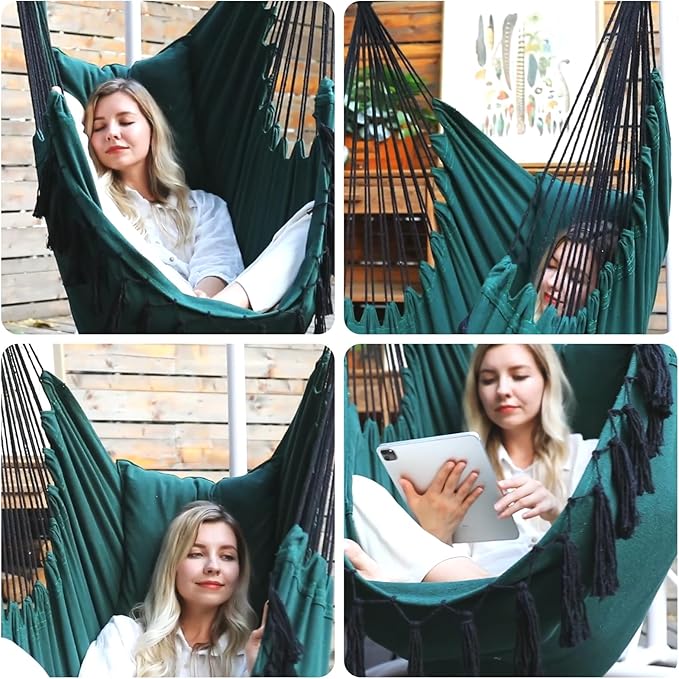 Y- STOP Hammock Chair Hanging Rope Swing, Max 500 Lbs, 2 Cushions Included, Large Macrame Hanging Chair with Pocket for Superior Comfort, with Hardware Kit, Green