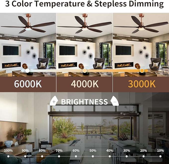 60" Ceiling Fan with Light and Remote,Reversible DC Motor,6Speed,Modern Natural Wood Ceiling Fan with Dimmable LED for Outdoor Patios Bedroom Living Room,Black Walnut and Red Brass
