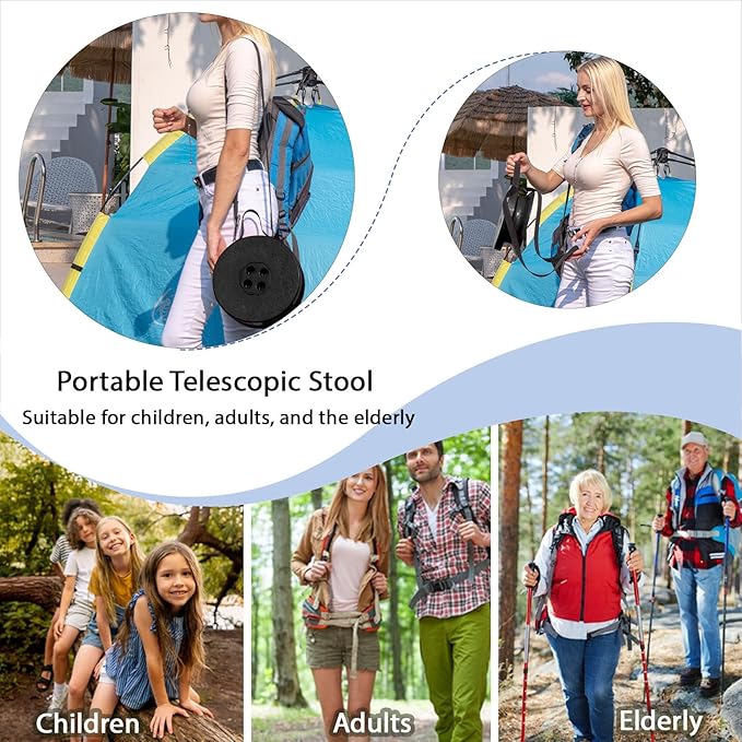 Telescopic Stool,20.4" Portable Seat, Collapsible Chair with Carabiner for Camping/Fishing/Hiking/BBQ/Music Festival - Max Capacity 770lbs