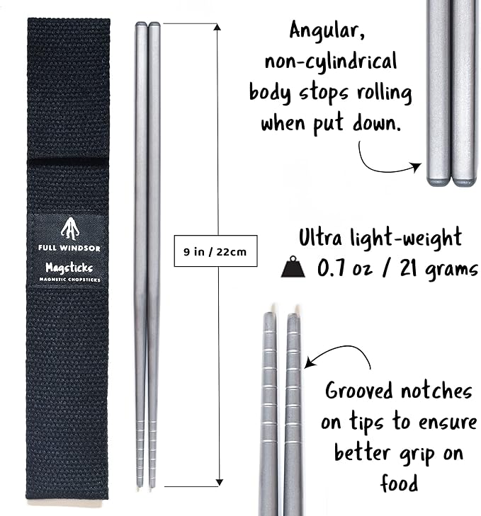 FULL WINDSOR - MAGSTICKS - Magnetic Titanium Chopsticks for Asian Cooking, Reusable Training Chopsticks for Travel, Cooking, and Dining, Lightweight Portable Utensils with Carrying Case for Daily Use