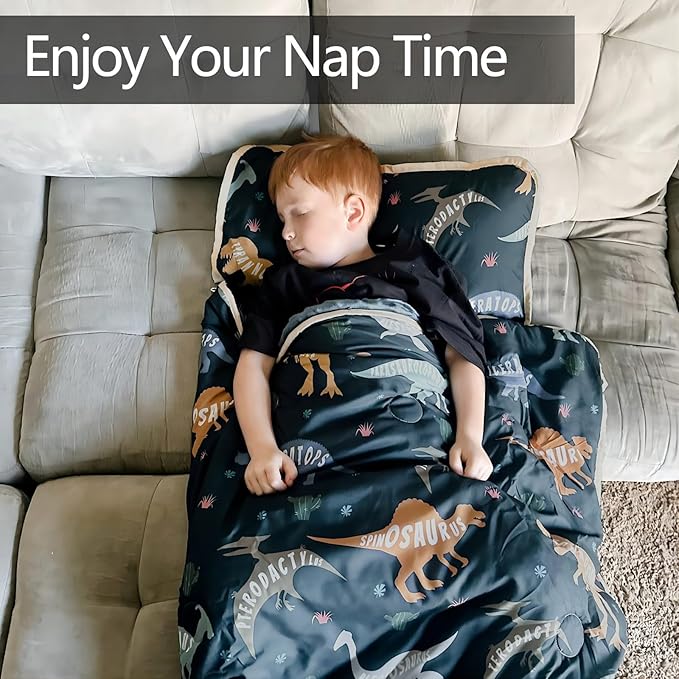 Primlect Toddler Nap Mat Extra Large Thickened 55''x35'', Soft Sleeping Bag with Detachable Minky Blanket and Pillow, Portable for Daycare, Preschool, Kindergarten, Travel, Boys and Girls