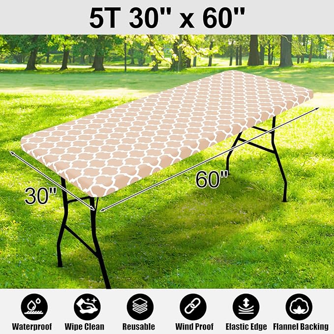 Smiry Rectangle Picnic Table Cover, Waterproof Elastic Fitted Camping Tablecloths for 5 Foot Tables, Wipeable Flannel Backed Vinyl Tablecloth Protector for Indoor, Outdoor (Khaki, 30x60 Inches)